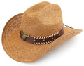 Straw Cowboy Hat, Western Cowgirl Hat, Wide Brim Sun Beach Hat for Men and Women - color: Khaki-m22