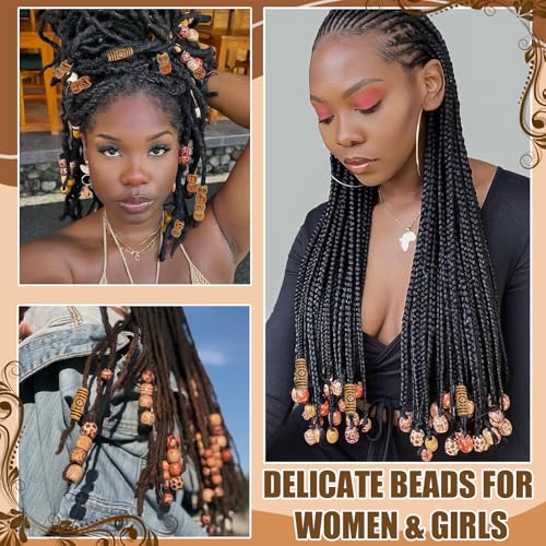 NAISKA 60PCS Vintage Round Natural Wood Hair Beads for Braids Loc Dreadlock Jewelry Beads for Hair Wooden Multi Shape Beads for Necklace Bracelet Hair DIY Craft Handmade Decor
