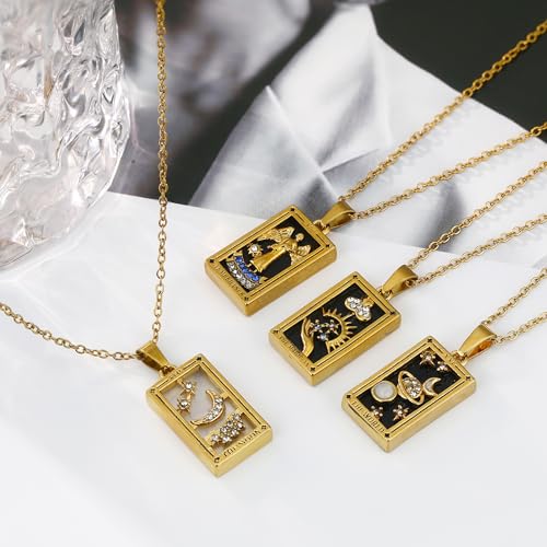 Gold Tarot Card Necklace for Women Men, Non Tarnish 18K Gold Plated Vintage Lucky Charm Square Pendant Talisman Amulet Necklaces Unisex Jewelry - style: The Moon