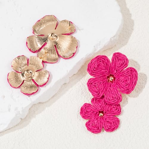 Boho Flower Earrings Statement Raffia Dangle Earrings Cute Floral Jewelry Trendy Summer Beach Vacation Outfits for Women - color: Rose