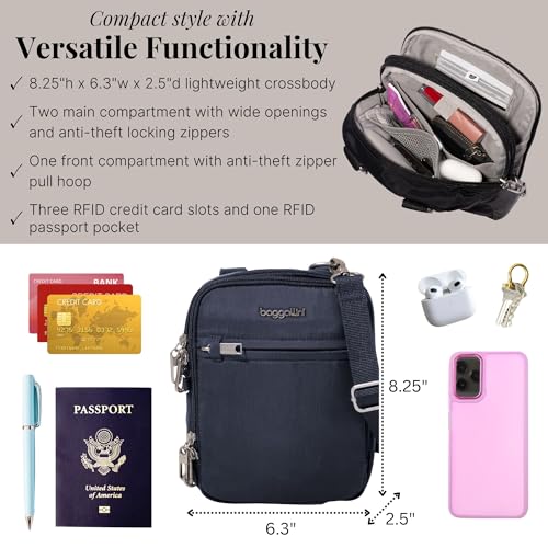 Baggallini Securtex® Anti-theft Mini Everything Crossbody Bag, 6.3"x8.25" Rfid, Locking Zippers & Cut-resistant Strap - color: French Navy