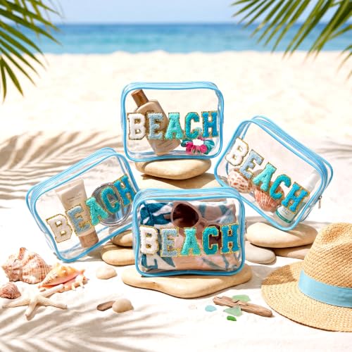 Kacctyen Clear Makeup Bag Bulk Summer Beach Sunscreen Pouch Waterproof Toiletry Cosmetic Zippered Organizer with Preppy Chenille Letter Patch(Beach,Lake Blue,8 Pcs) - color: Lake Blue, size: Beach