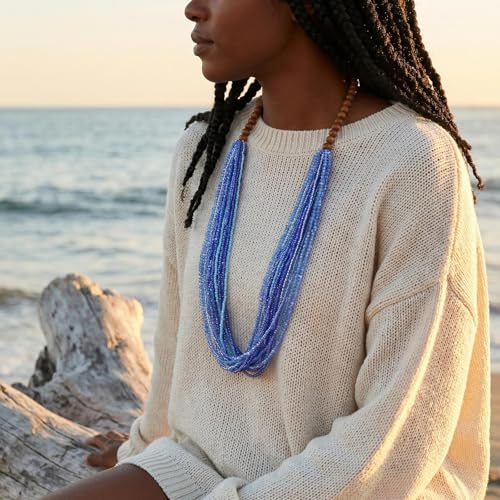 Coiris Chunky Statement Necklaces for Women Boho Multi Long Layered Strand Beaded Necklace for Women Handmade Crystal Beach Jewelry Gift - color: Royal Blue