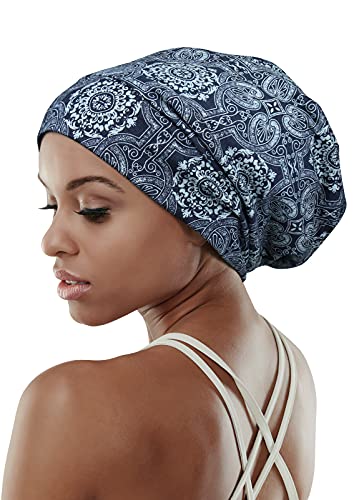 Adjustable Satin Lined Sleep Cap for Dreadlocks Curly Hair Large Head-Stay On Overnight - color: Dark Blue
