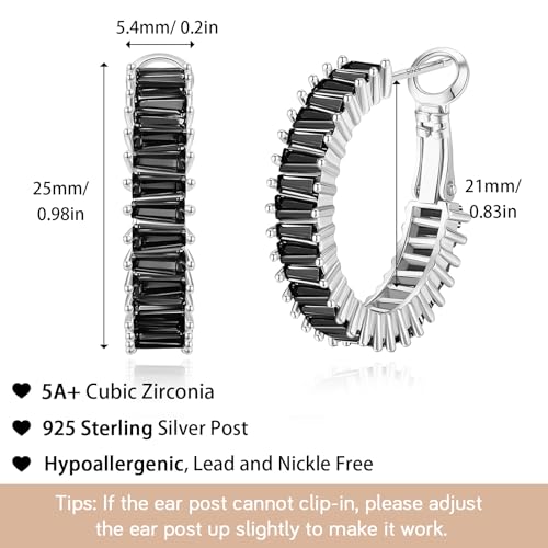 Trendy 14K Gold Plated Hoop Earrings for Women, Chunky Gold/Silver Earrings for Women Cubic Zirconia Baguette Hoop Earrings Heart Hoops Lightweight Hypoallergenic Jewelry,25mm/35mm/40mm/50mm - color: 01 Silver Black Hoops 25mm