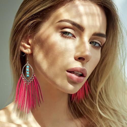 Long Bohemian Fringe Leather Earrrings Handmade Tassel Earrings with Turquoise Christmas Long Dangle Earrings for Women rodeo jewelry - color: 10
