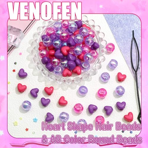 60PCS Heart Hair Beads Purple Hot Pink Loc Bead Valentine's Day Accessories Lovely AB Round Beads for Dreadlock Cute Acrylic Pony Bead for Kids Girls - color: Purple&Hot Pink