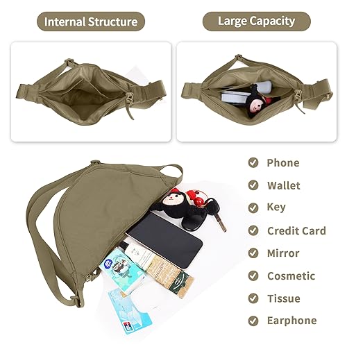 Nylon Crescent Crossbody Bag for Women Purses Trendy Men,Small Travel Sling Bag Hobo - color: Khaki, size: Small