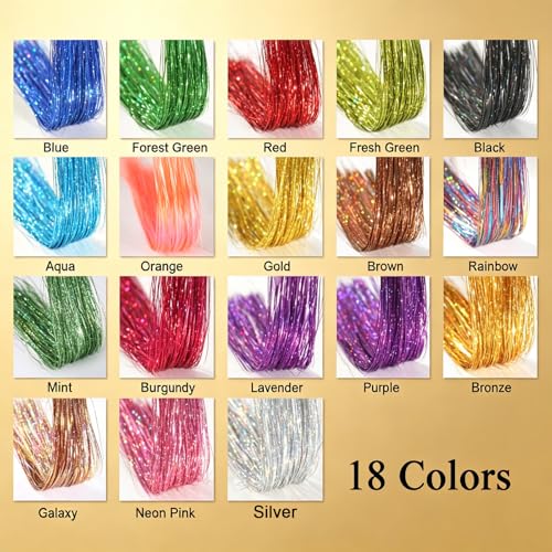Hair Tinsel with Tools 18 Colors 47 Inch Heat Resistant Reusable Shiny Hair Tinsel Strands Complete Set for Women Girls Daily Wear Festival Party Cosplay Halloween Christmas Hair Accessories - color: 18 Colors+Tools+Pliers(Box), size: 47 Inch