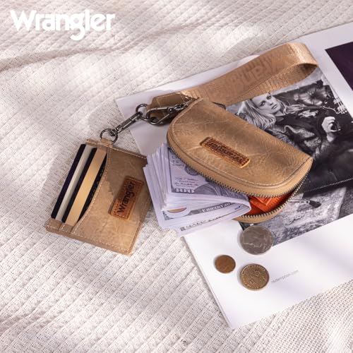 Wrangler KeyChain Wallet Wristlet Wallets for Women Dual Pouch Wristlet with Zipper Womens Credit Card Holder Wallet - color: A-Khaki