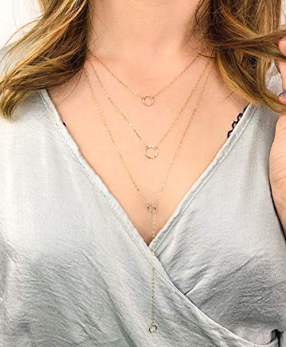 Turandoss Gold Layered Necklaces for Women - 14K Gold Plated Handmade Multilayer Bar Pearls Coin Disc Moon Butterfly Medallion Adjustable Dainty Layered Choker Necklaces for Women Jewelry - style: 3 Layered Necklace - Circle&Curved Bar&Circle Lariat