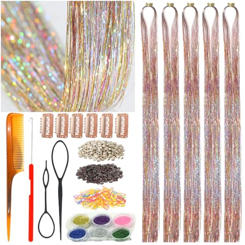 Celinebella Peach Pink Hair Tinsel, 48" 1250 Strands Galaxy Fairy Hair | Dreamy starry pink peach gradient, ultra soft silky, heat resistant, great for wedding prom dating & party looks - color: 03-Galaxy Pink, size: 48 Inch Pack of 5Pcs