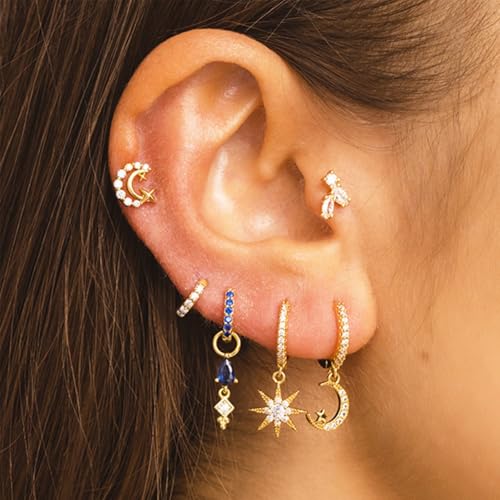6pcs Gold Hoop Earring Stacks For Women Dainty Colorful Cubic Zirconia Huggie Earrings 18k Gold Hoop Earrings Cartilage Stud Earring Sets For Multiple Piercing - style: Fashion-C