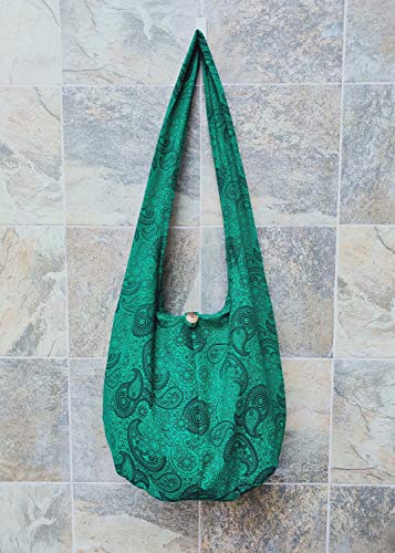 BTP! Thai Cotton Hippie Hobo Sling Crossbody Bag eco Friendly Shopping bag Paisley Print Large - color: Emerald Green Pl27