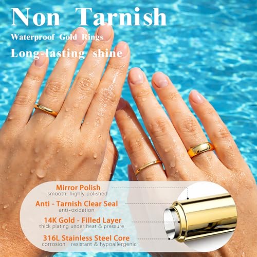 Gold Band Rings for Women Men Non Tarnish, Wedding 14K Gold Plated Stackable Ring Set for Couples, Dainty Thin Plain Simple Promise Dome Band Thumb Pinky 1mm 3mm 5mm Jewelry Gift Comfort Fit Size 3-13 - color: Gold-1mm 3mm 5mm, size: 9