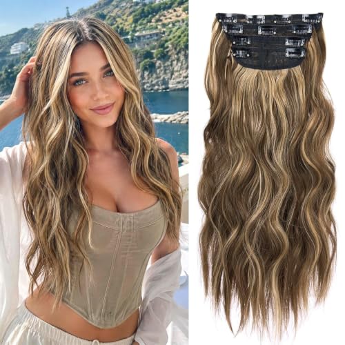 4PCS Clip in Hair Extensions Honey Blonde Mixed Light Brown 20 Inch Long Wavy Synthetic Hair Extensions (4pcs, 20Inch, 22H10#) - color: 22H10-Honey Blonde Mixed Light Brown