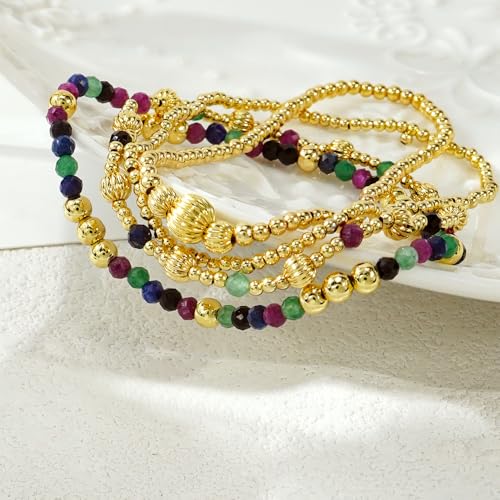 Dainty 14K Gold Lantern Beaded Bracelets Stack for Women,4PCS Colorful Glass Beads Stretch Stackable Bracelets Set Fashion Prom Jewelry Gift Friendship - color: Colorful
