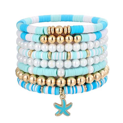 GOOJIDS Surfer Heishi Clay Bead Bracelets for Women Bohemian Stackable Gold Plated Beaded Stretch Bracelets Elastic Layering Friendship Bracelets Set Boho Jewelry - color: B-Blue Starfish Set