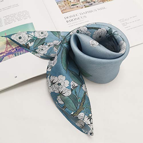 FONYVE 100% Mulberry Silk Scarfs for Women-Lightweight Square Satin Head Scarf-Small Silk Hair Scarf for Sleeping 21"x21" - color: 23 Flowers Blue