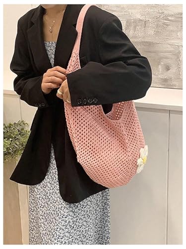OYOANGLE Women's Floral Applique Crochet Beach Tote Bag Summer Boho Mesh Woven Tote Bag - color: Pink
