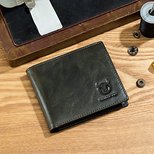 BULLCAPTAIN RFID Wallets for Men,Genuine Leather Wallet QB-05（Forest Green | Slim,Bifold,Front Pocket Wallet, 2 ID Windows,11 Card Slots,RFID Blocking TechnologyGift Choice - color: Forest Green