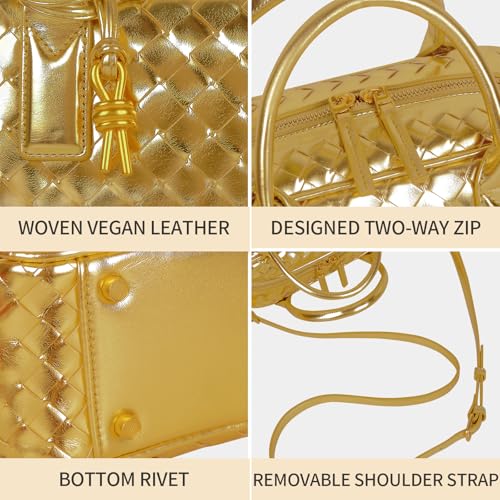Women's Handmade Woven Top-handle Bag Fashion Leather Shoulder Handbag Crossbody Purse Woven Purse for Women - color: Gold