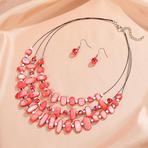 3 Layered Chunky Statement Necklace for Women Beaded Strand Necklaces with Earring Fashion Costumes Collar Necklace Jewelry Sets Gifts for Women - color: 50-Red