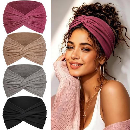 Wide Headbands for Women's Hair, 4 Pcs Hair bands – Vintage Turban Elastic Head Bands Adult Women Soft Head Wraps Knotted for Yoga & Workout – Summer Fashion Hair Accessories (Wine Red) - color: wine red