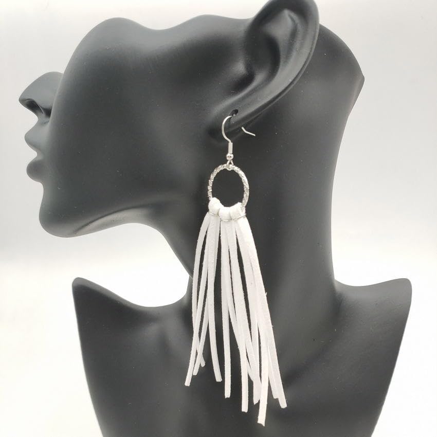 Bohemian Statement Light Weight Fringe Leather Earrrings Triangle Deerskin Leather Boho Western Statement Dangel Earrings for Women - color: White