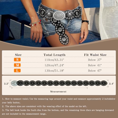 Leather Western Boho Belts for Woman, 53.1inch Concho Vintage Belt for womens Dress Jeans, Country Black