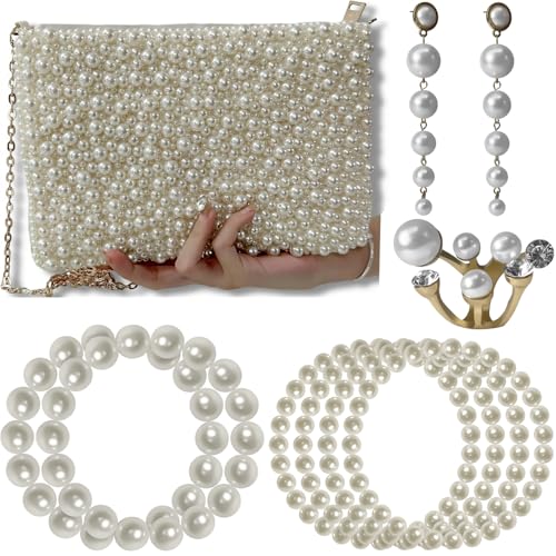 Geiomoo Pearl Purses with Chain, Stacking Rings, Tassel Earrings, Crossbody Beaded Evening Shoulder Bag for Women