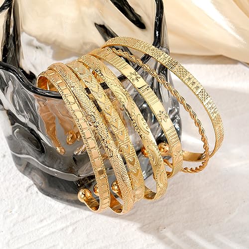 Boho Engraved Cuff Bangle Bracelets for Women Multi Layer Stackable Textured Bracelet Adjustable Bangles Fashion Bohemian Indian Jewelry Set