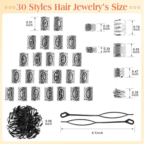 86 Pcs Viking Hair Jewelry 30 Styles Norse Runes Tube Beads，Metal Cuffs for Braids Dreadlock Beads, Hair Accessories Braiding Decorations for Women Men - color: Silver-86pcs