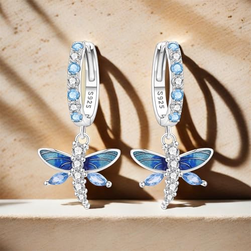 925 Sterling Silver Dangle Earrings for Women, Butterfly&Bee Animals Design, Hypoallergenic Jewelry gifts - color: Colorful Dragonfly Earrings - Blue