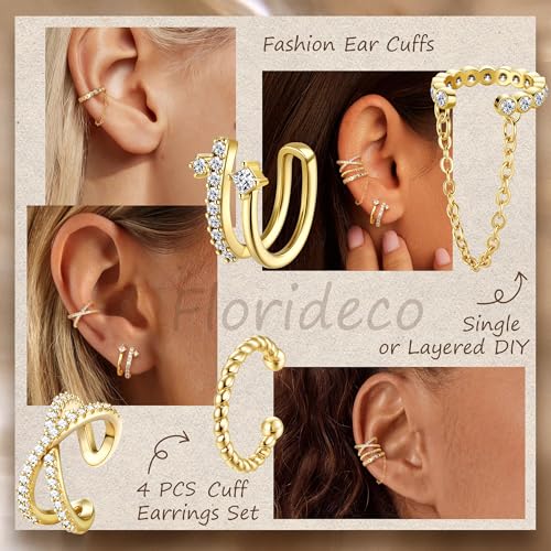 Florideco 4 PCS Ear Cuffs Non Piercing Hypoallergenic 14K Gold Plated Ear Cuff Earrings for Women Trendy CZ Clip On Cartilage Earring Set Dainty Adjustable Fake Piercings Earrings - color: Cross CZ: 14K Gold Plated