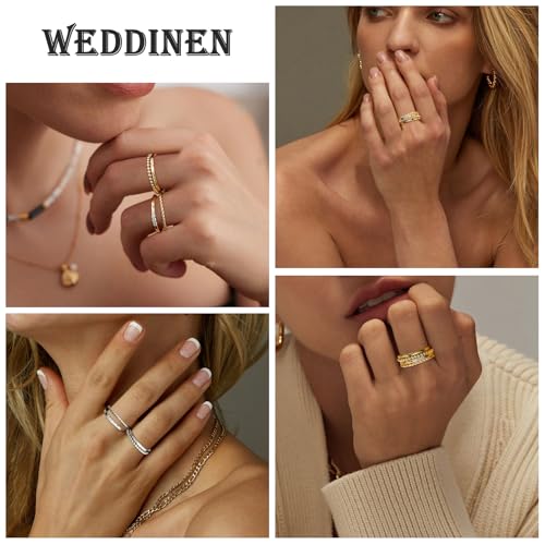WEDDINEN 4PC Gold Rings for Women, S925 Sterling Silver 14k Gold Filled Plated Stackable Thin Thumb Ring Set Cubic Zirconia Dainty Stack Gold Knuckle Rings Set Size 6-10 - color: Gold, size: 11