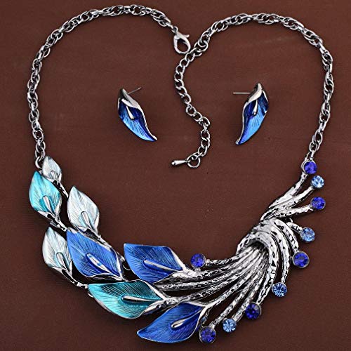 YAZILIND Ethnic Style Tibetan Silver Peacock Crystal Chunky Bib Earrings Necklace Set Wedding Party - color: Blue