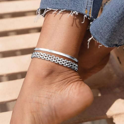 KissYan Gold Ankle Bracelets for Women, 14K Gold Anklets Chunky Cuban Link Chain Summer Beach Foot Jewelry Gifts for Women - color: Brick Link-Silver