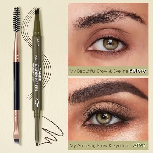 UCANBE Eyebrow Pencils for Women with Spoolie Brush, Dual-Ended Eyebrow Pen with 4-Fork-Tip & Gel Eyeliner, Microblading Brow Pen with Eyeliner Pencil + Brow Brush for Hair Like Brows, Classic Brown - color: Classic Brown with Brow Brush