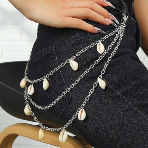 Boho Layered Pant Chains Silver Sea Shell Wallet Chain Summer Beach Jean Chains for Women and Men