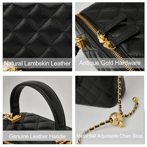 DORIS&JACKY Small Quilted Box Crossbody Purse For Women, Designer Lambskin Leather Mini Top Handle Tote Bag With Chain Strap - color: 1-black