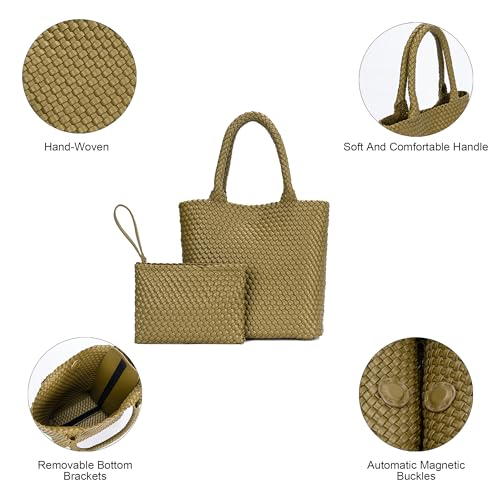 BAGOK Woven Tote Bag for Women, Handwoven Vegan Leather Shoulder Bag with Clutch, Large Tote for Work, Travel & Beach - color: Olive Green