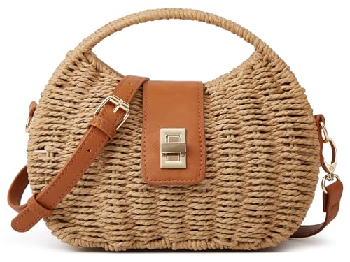 Handmade Straw Woven Bag Beach Clutch Purses Women Vacation Shell Shoulder Crossbody Summer Dumpling Handbag Basket Tote - color: B-khaki