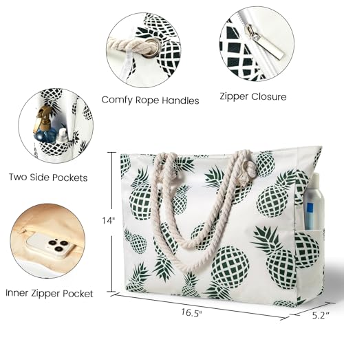 Clothirily Beach Bag for Women - Large Beach Tote Bag, Waterproof Sandproof Beach Bag with Zipper, Large Swim Pool Beach Tote - color: Pineapple