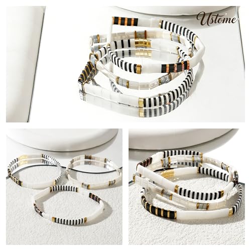 Tila Flat Square Stack Beaded Bracelets Set for Women Men, Boho 3Pcs Romantic Handmade Healing Gold Colorful Stretch Accessories Jewelry, Daily Vacation Party Holiday Friendship Gift - color: Black White
