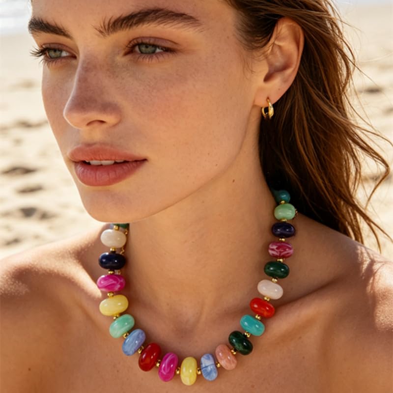 Chunky Beaded Statement Necklace for Women Trendy Colorful Boho Resin Bead Choker Necklaces Summer Handmade Jewelry Gifts Accessories - color: Colorful - 4