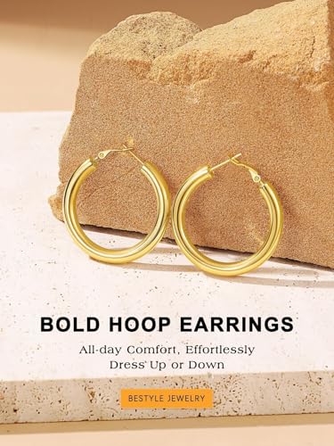 Bestyle 5mm Thick Gold Hoop Earrings Hypoallergenic Hoops for Sensitive Ears Trendy Lightweight Chunky Earrings for Women 30/40/60/80mm - color: 01-Gold, size: 40mm