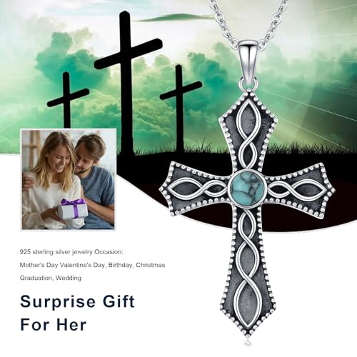 Cross Necklace 925 Sterling Silver Turquoise Christian Pendant Religious Cross Jewelry Christmas Gifts for Women Men - style: Retro A
