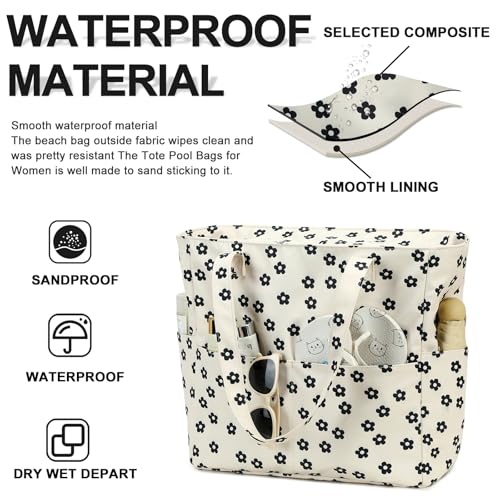 Bluboon Waterproof Beach Tote Pool Bags for Women Ladies Extra Large Carry On Bag With Wet Compartment for Weekender Travel - color: Black Little Flower 95