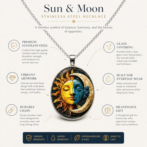 1pc Stunning Round Pendant Necklace - Unique Sun & Moon Pattern, Oil Painting Style Glass Mosaic, Alloy Construction, Trendy Sweater Chain, Fashionable Gift for Women - Christmas or Birthday Gift - color: Sun/Moon Oval